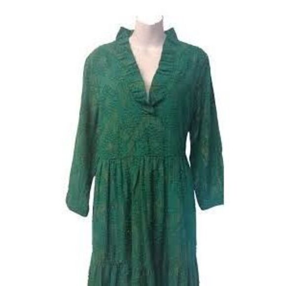 Crown & Ivy Size M Petite Ruffle Neck Tiered Midi Dress Emerald Green Gold Fall - Picture 5 of 13